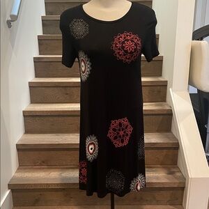 Desigual Black Midi Dress with Red and Gray Medallion Prints
